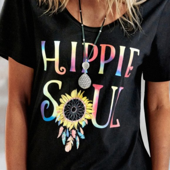 "HIPPIE SOUL" SUNFLOWER FEATHER TIE-DYE T-SHIRT - Picture 3 of 4